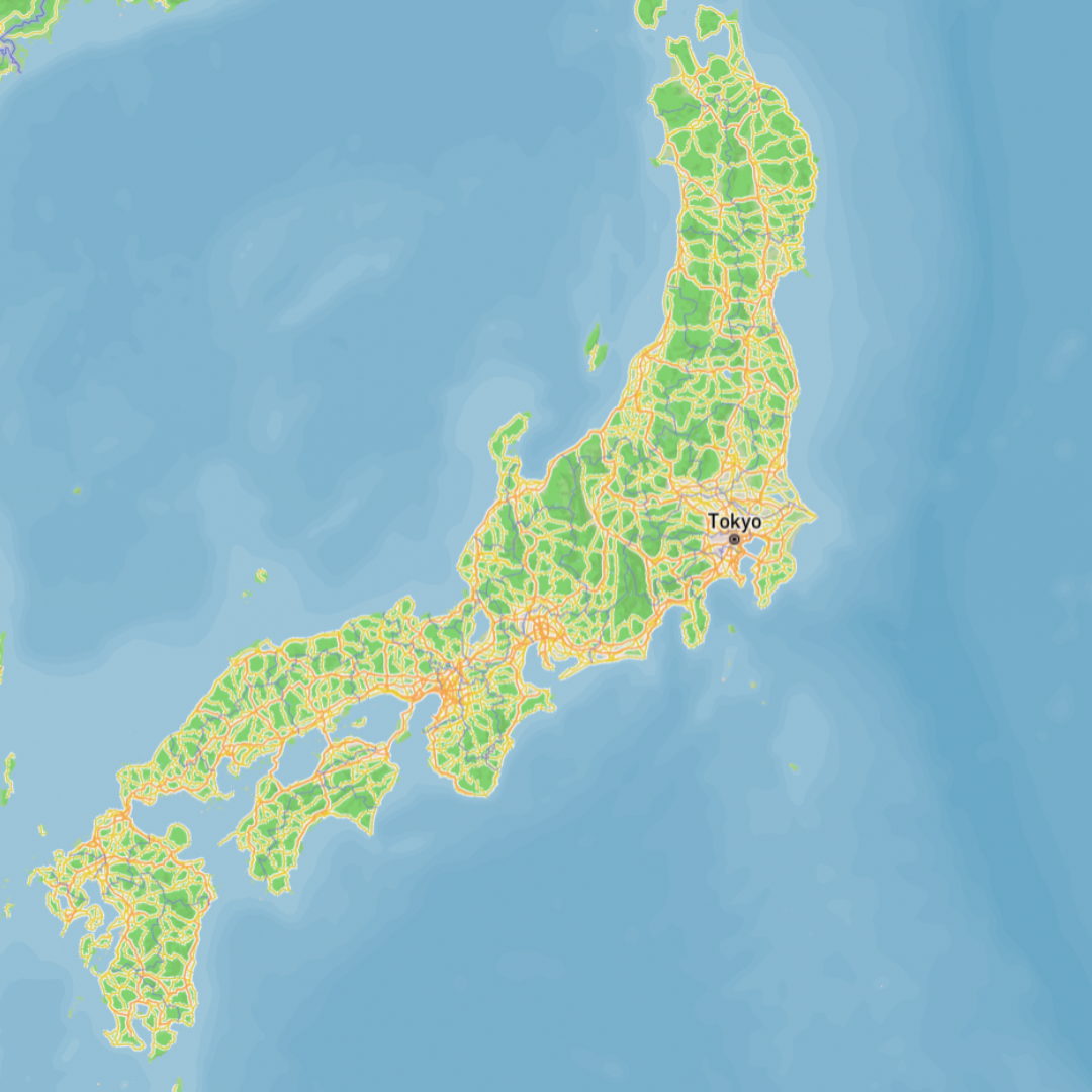Then I wanted to see how the other continents would look after the changes I made, so once again, I looked at Japan. It looked very interesting, with green and all these orange lines around the continent.